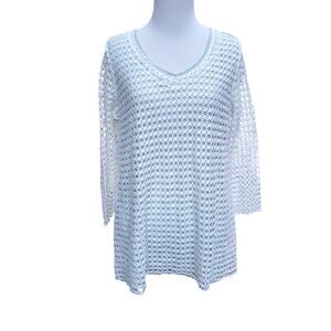 Habitat Women's Top Blouse White Open Knit Blue Green Mesh Underlay Sz XS
